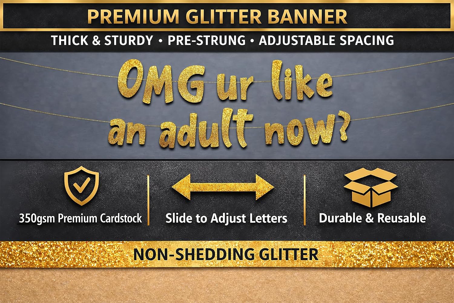 Pre-Strung OMG ur like and adult now? Gold Glitter Banner - 18th Birthday Decorations for Men and Women - Birthday Party Supplies and Gifts image 3