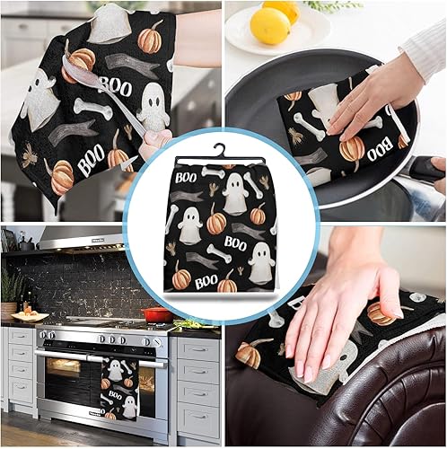 Miniatura 4 de Paquete de 2 toallas de cocina y paños de cocina, diseño de rama de hueso de fantasma de Halloween, calabaza, negro, 18 x 28 pulgadas, toallas de