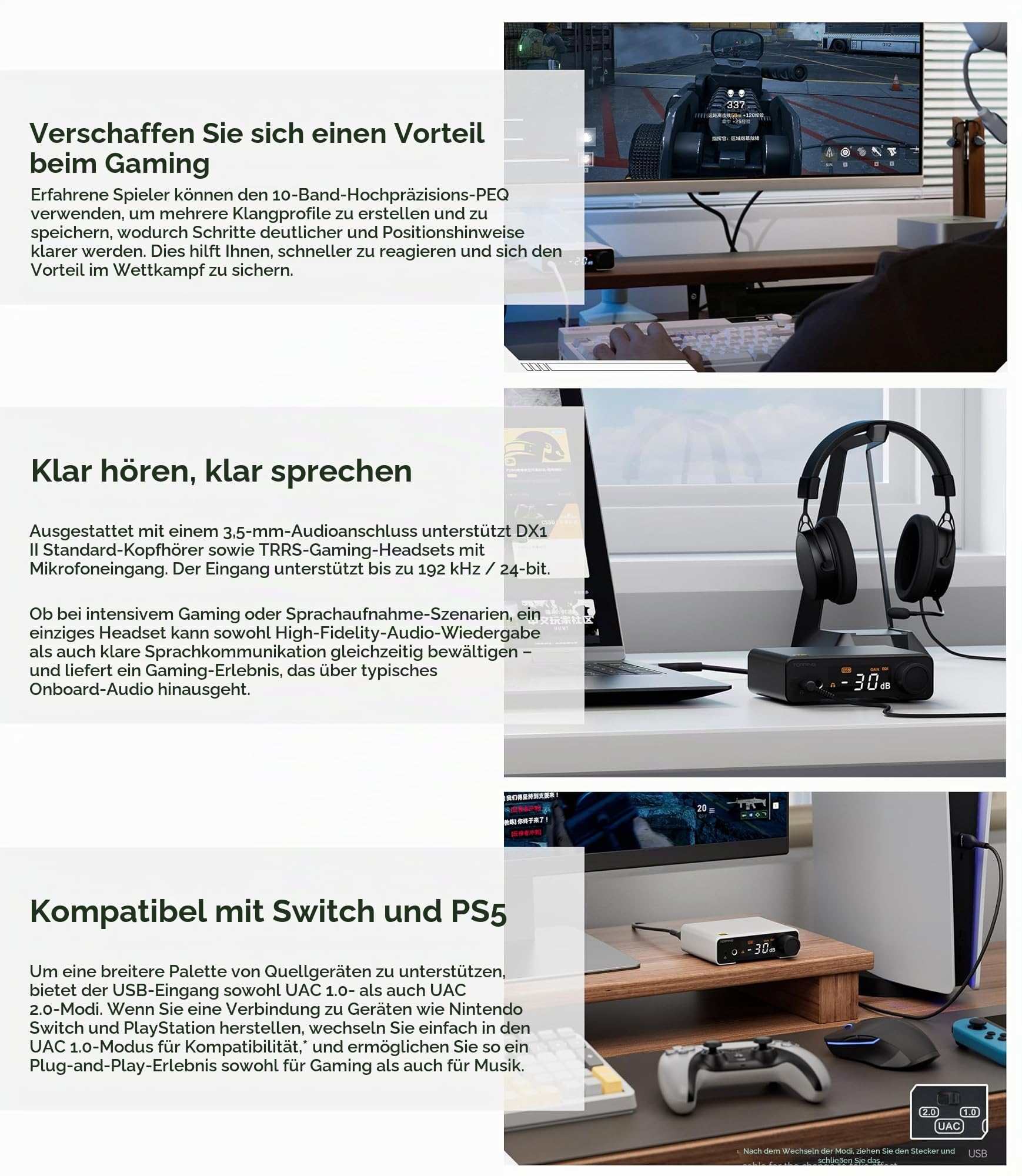 Topping DX1 II Gaming HiFi DAC-Kopfhörerverstärker – ES9039Q2M-Decoder 1000 mW × 2 vollsymmetrischer Kopfhörerverstärker Vorverstärker, kompatibel mit Gaming-Headsets (Schwarz)