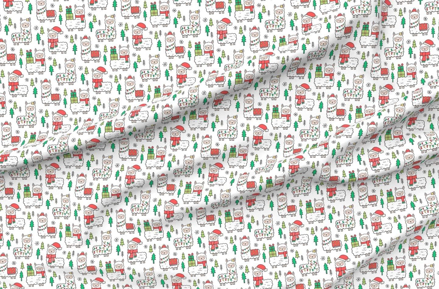 Spoonflower Fabric - Holidays Christmas Llamas White Llama Winter Trees Holiday Whimsical Printed on Organic Cotton Sateen Fabric by The Yard - Sewing Quilting Apparel Home Decor