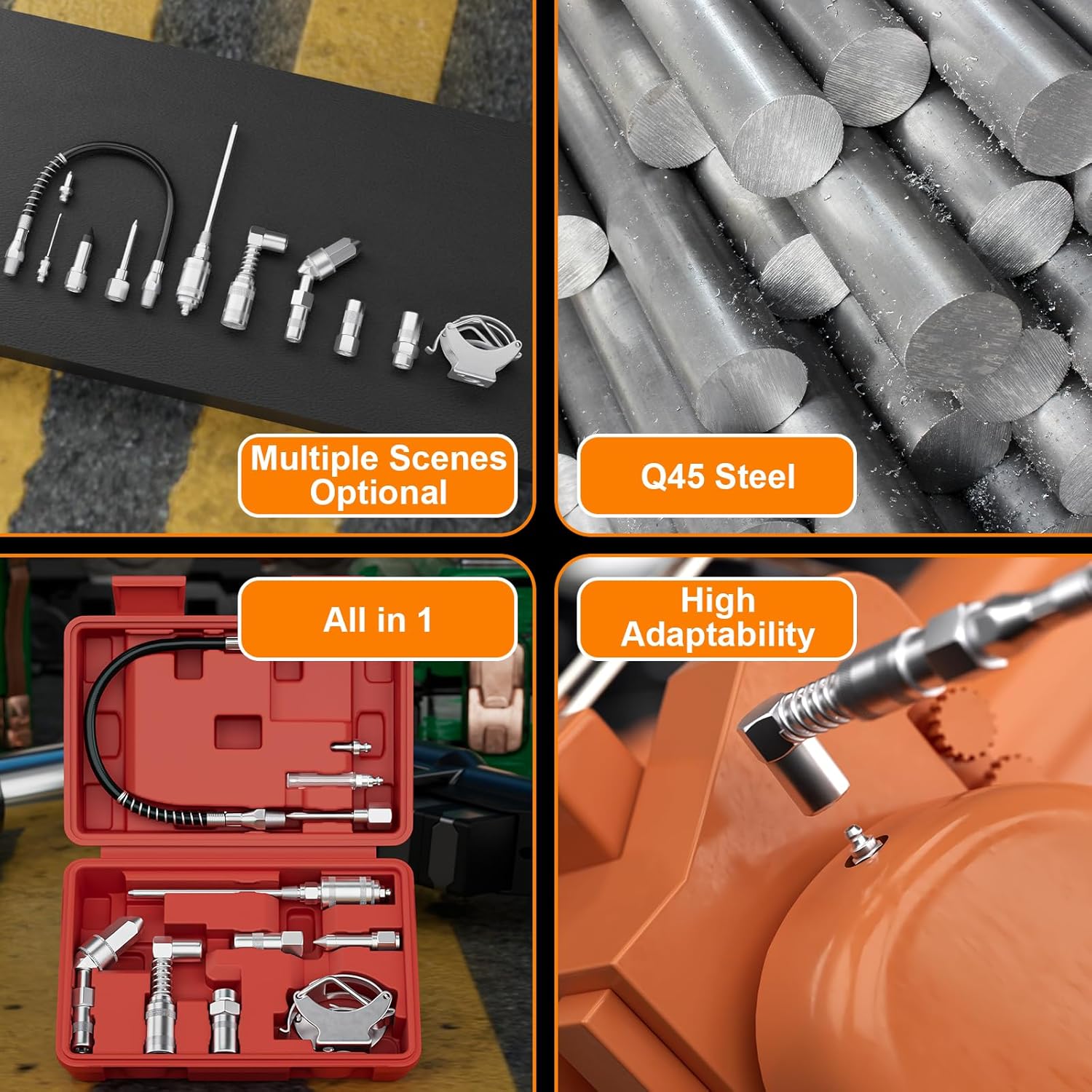 11pcs Grease Gun Lubrication Accessory Kit,360° Grease Coupler Adapter Multi-Function Quick Connects to Any Grease Fit on Any Machine,Connect Greasing 3 Types of Nozzles,Flexible Hose Extension