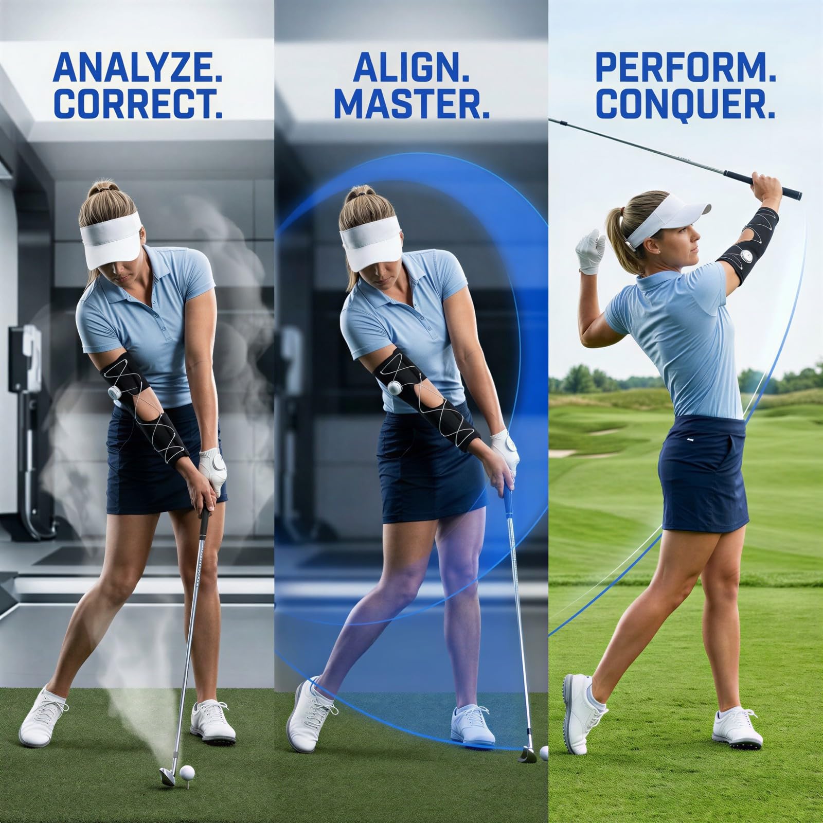 Golf-Schwung-Trainingshilfe und Ellenbogenbandage mit Schnellverriegelungsknopf, 9,1 Zoll starres Golf-Arm-Band mit 4 Stahlstreben, Formstütze für 9,4 bis 11,0 Zoll Arm für bessere Schwungmechanik