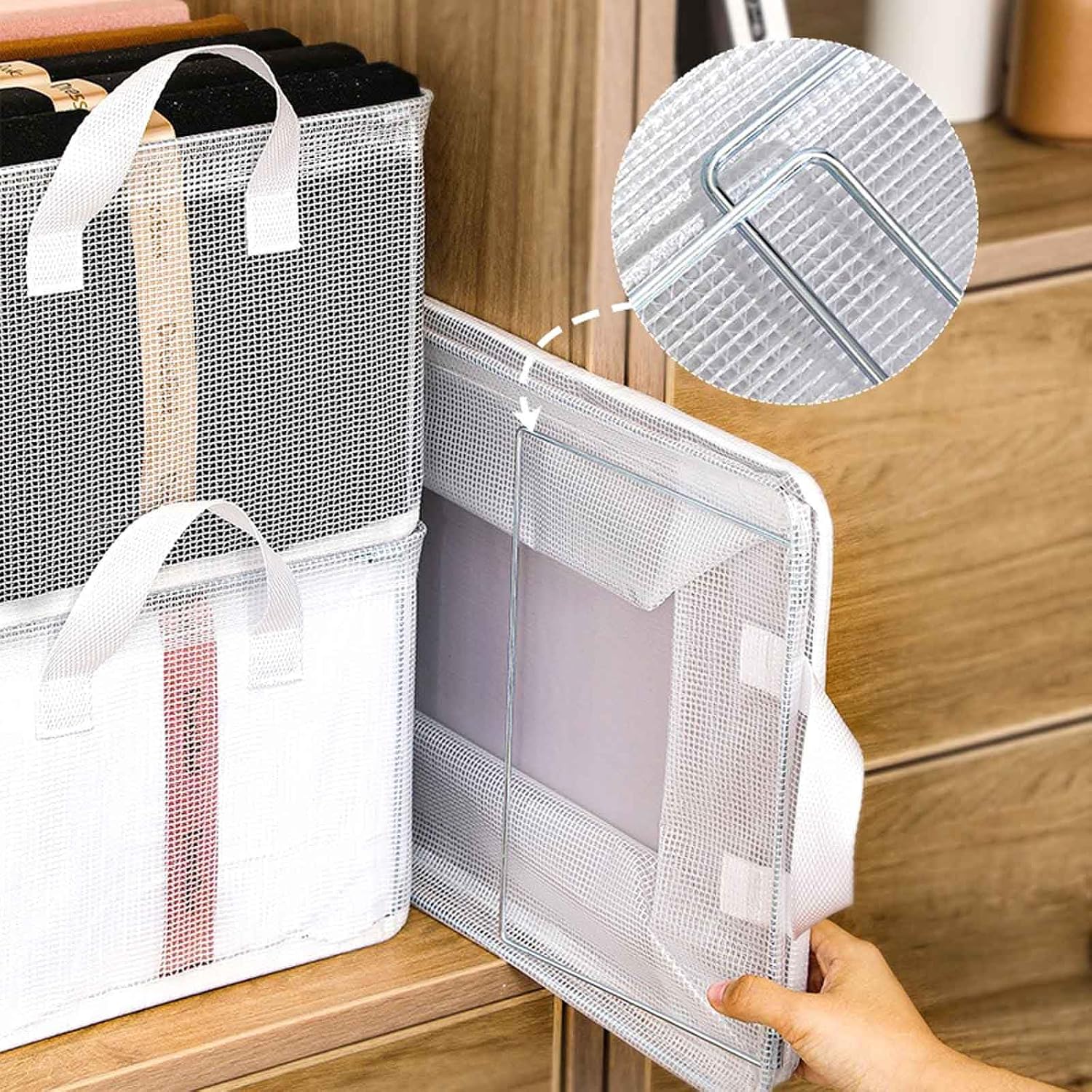 4PCS Closet Clothes Organizer Dustproof Sturdy Storage Baskets Bins 26L Foldable Shelf Containers Bin Support Boards Dust Lid Steel Frame for Sweater Pants T-shirt Dress (Clear)