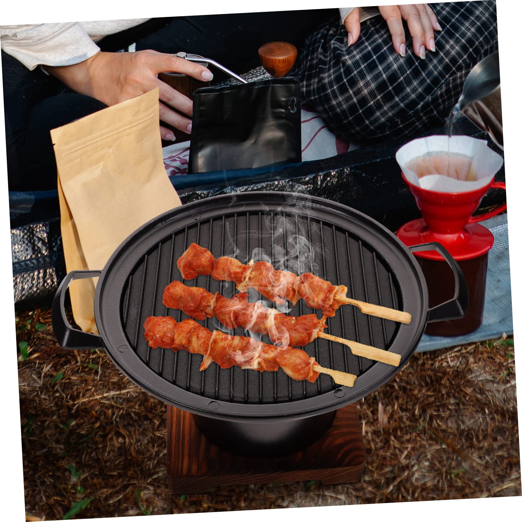 Mini Parrilla de Barbacoa sin Humo, Juego para 2-3 Personas | Aleación de Aluminio y Madera, Color Negro, Uso en Camping y Hogar, para Verduras y Comida