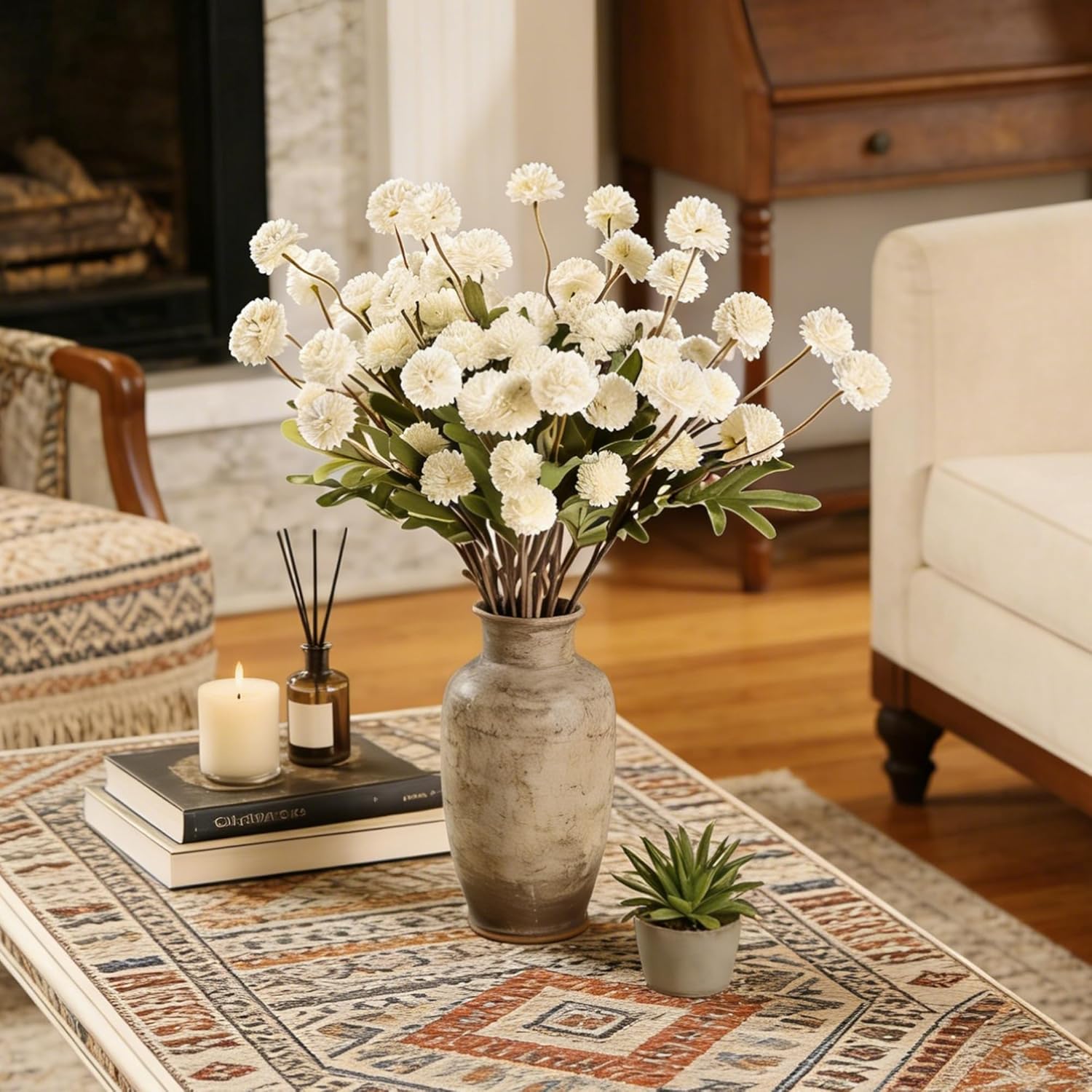 HNVNER 10PCS Artificial Faux Flowers for Vase, Ivory White Mini Fake Mums Flowers Long Stem, Realistic Silk Small Chrysanthemum for DIY Bouquets Wedding Home Table Kitchen Décor