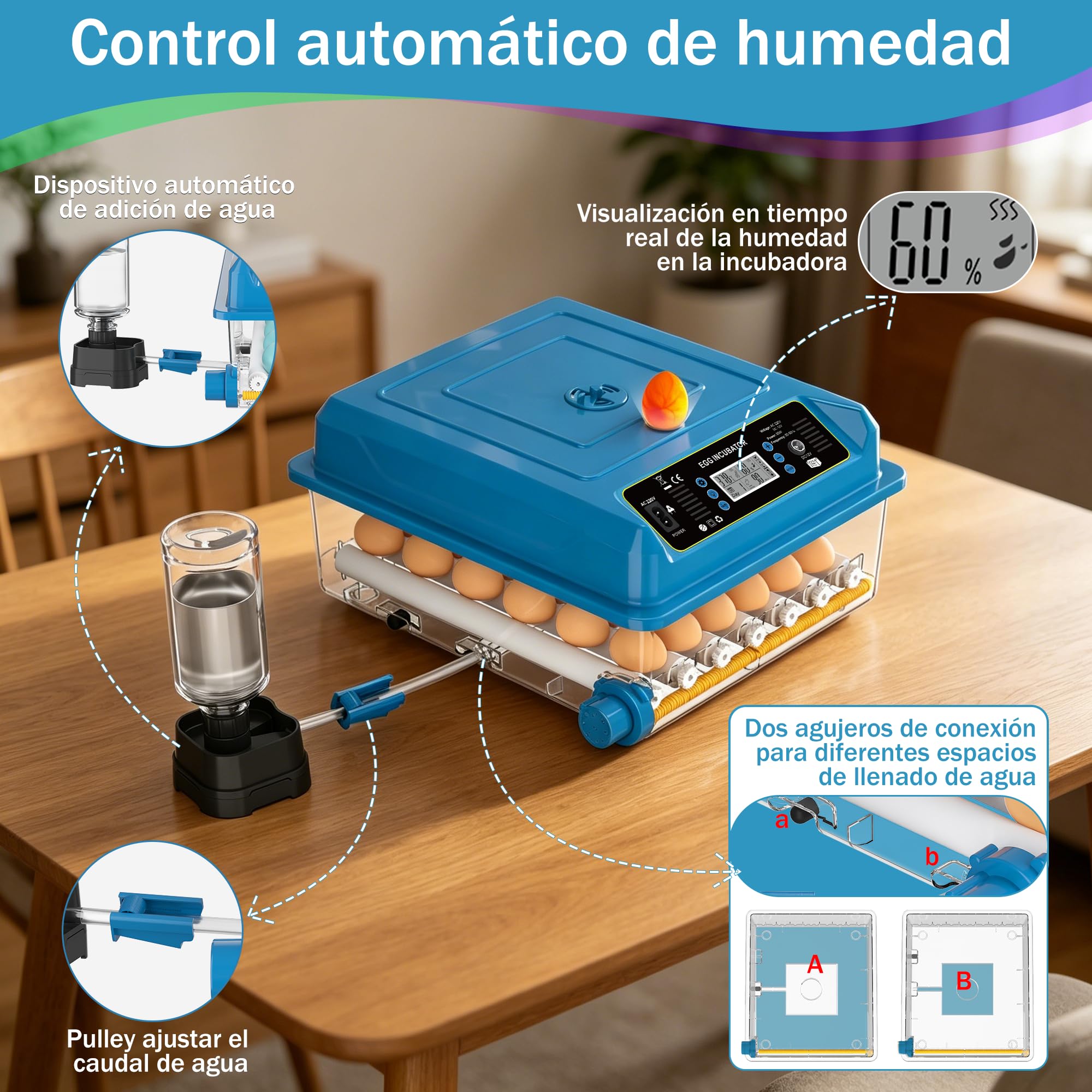 Incubadora de huevos para incubar pollos con control de temperatura y giro automático (azul, 36 huevos)