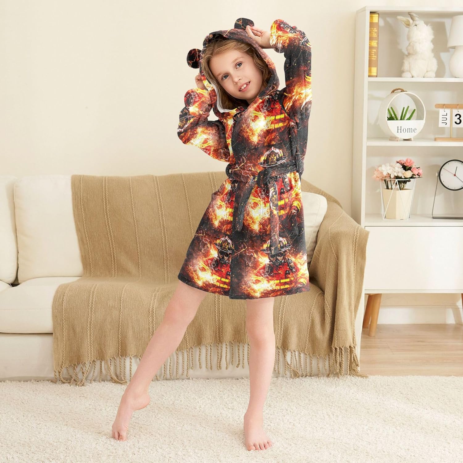 Fire Firefighters Real Bathrobe Hooded PJ Robe Plush Fleece Robe Pajama Sleepwear 2-12 Years