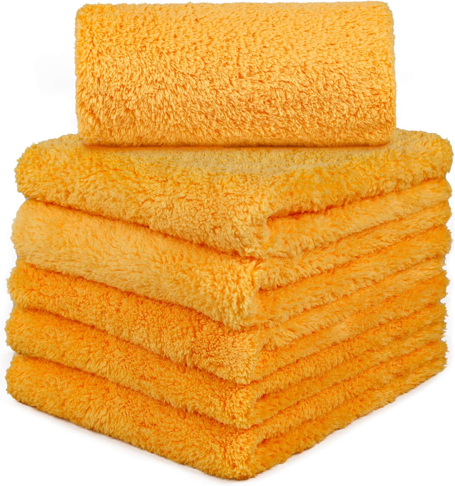 CARCAREZ Edgeless Microfiber Towels, Professional 70/30 Blend 450 GSM Dual-Pile Super Plush Microfiber Auto Detailing Towel, 16x16 inch, Pack of 6 (Yellow)