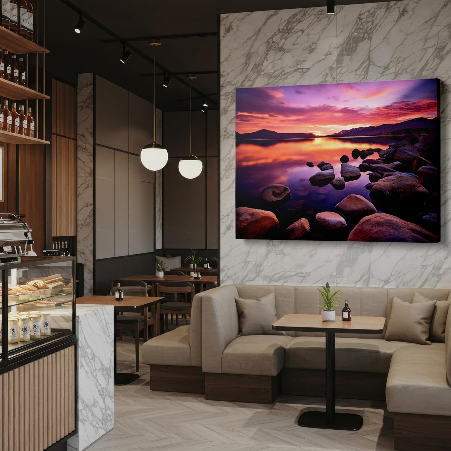 Canvas for Living Room. Dawn's Embrace - A Serene Lakefront Awash in a Symphony of Sunset Hues, 27 x 18 inch Canvas Wall Art - Contemporary Masterpieces - Modern Home Decor
