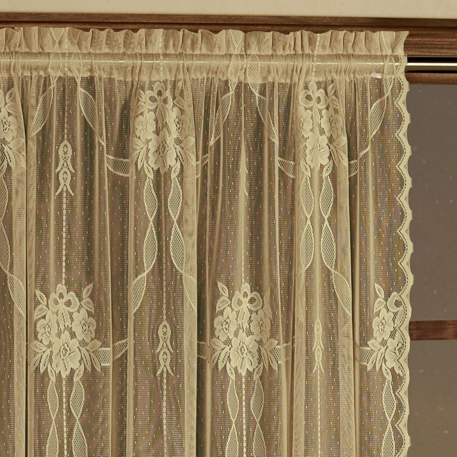 Romantic Garland Lace Window Treatments | Regal Gold | Hand-Cut Floral and Leaf Designs in Solid Color Fine-Gauge Polyester Jacquard Lace | Rod Pocket Window Drapery Set Includes 2-63L Curtain Panels