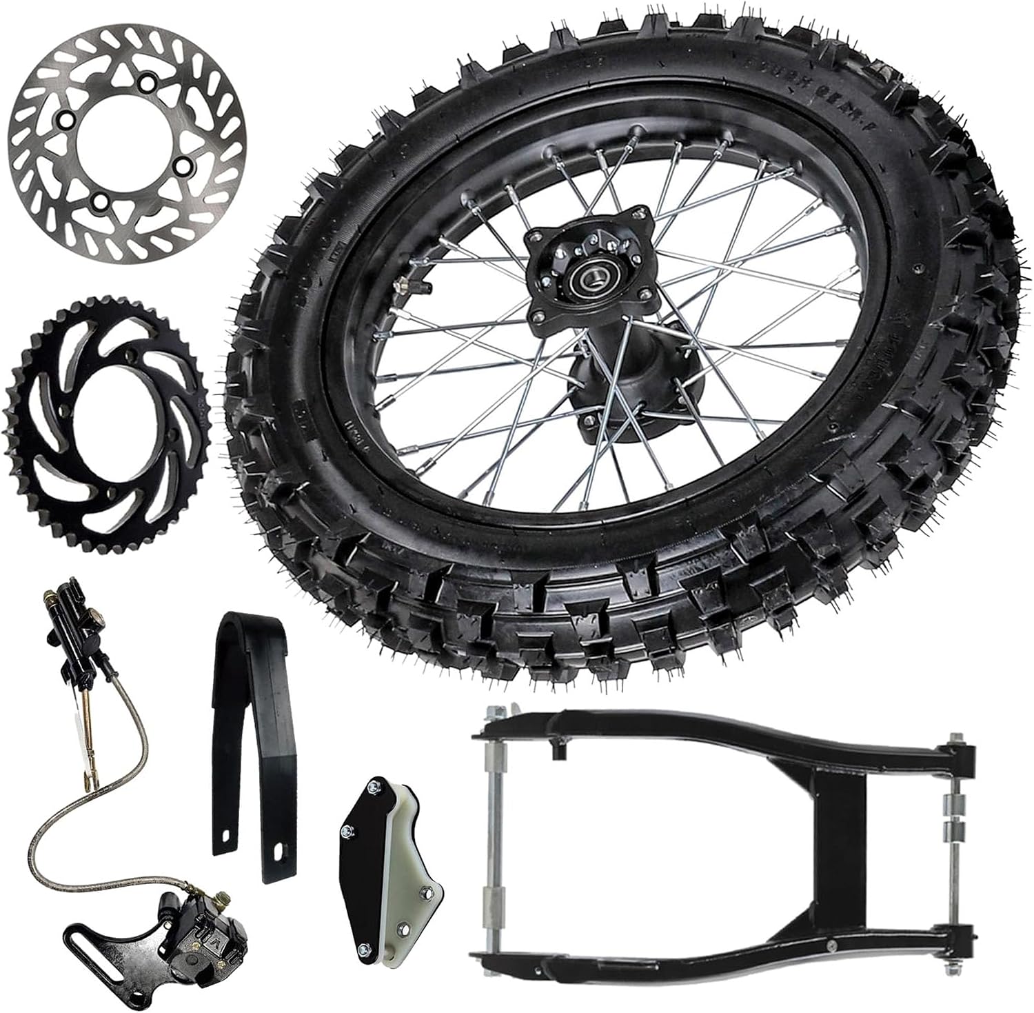 90/100-14 Rear Wheel Assembly Kit for Dirt Pit Bikes – Includes 1.85x14 Rim, 15mm Bearing, Swingarm Kit, Brake Caliper, 428 Sprocket for 110cc-150cc Off-Road Motorcycles