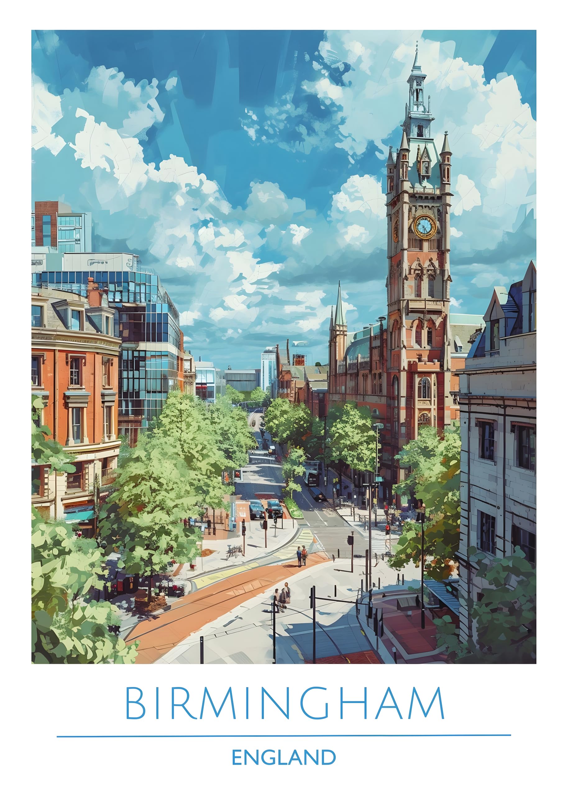 Iconic Cities Unframed A4 A3 Travel Poster Prints, Travel Wall Art, Home Décor, Paris New York Dubai Tokyo Rome Barcelona etc. (England, Birmingham, A3)