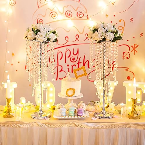 Miniatura 10 de Jarrones altos para centros de mesa de boda, florero plateado de 39.4 pulgadas con cristal de araña, decoración de mesa de centro de mesa, soporte