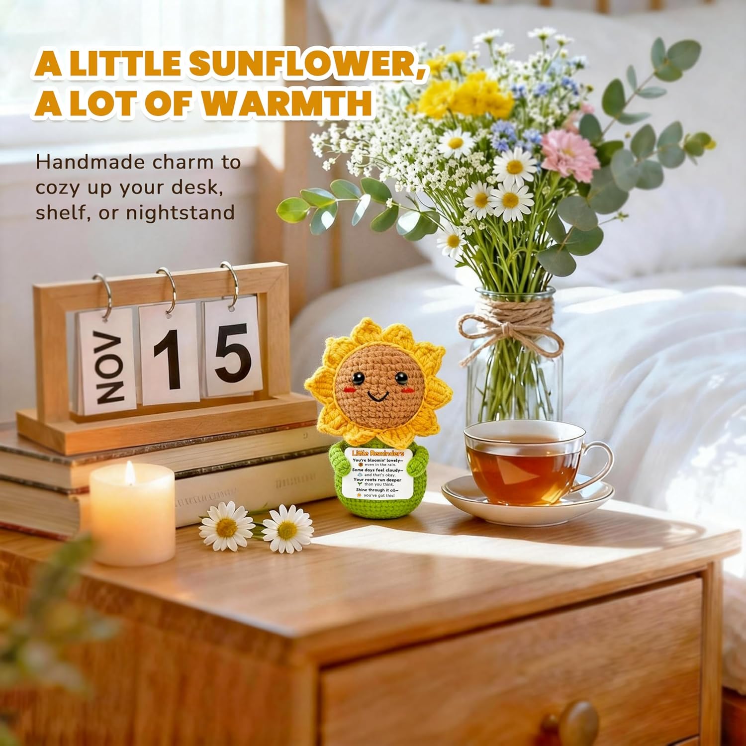 Crochet Sunflower Gift for Women – “Little Reminders” Positive Affirmation Desk Decor, You’ve Got This Encouragement Gift for Friends, Coworkers, Secret Santa Exchange Idea - Image 5