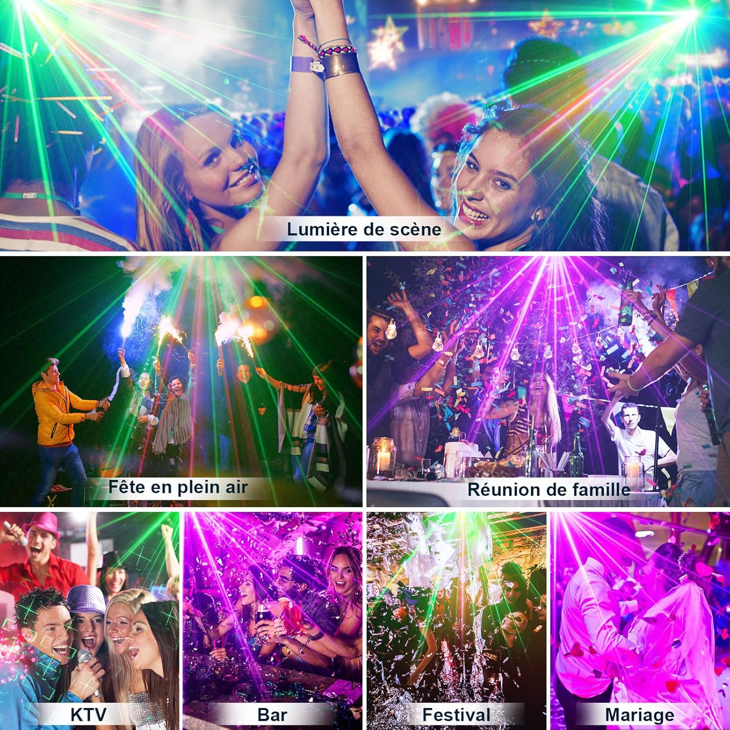 Diagram of the Fwiull Party Light remote control, detailing buttons for power, auto mode, DJ sound mode, flash, motor speed, LED colors, and strobe effects.