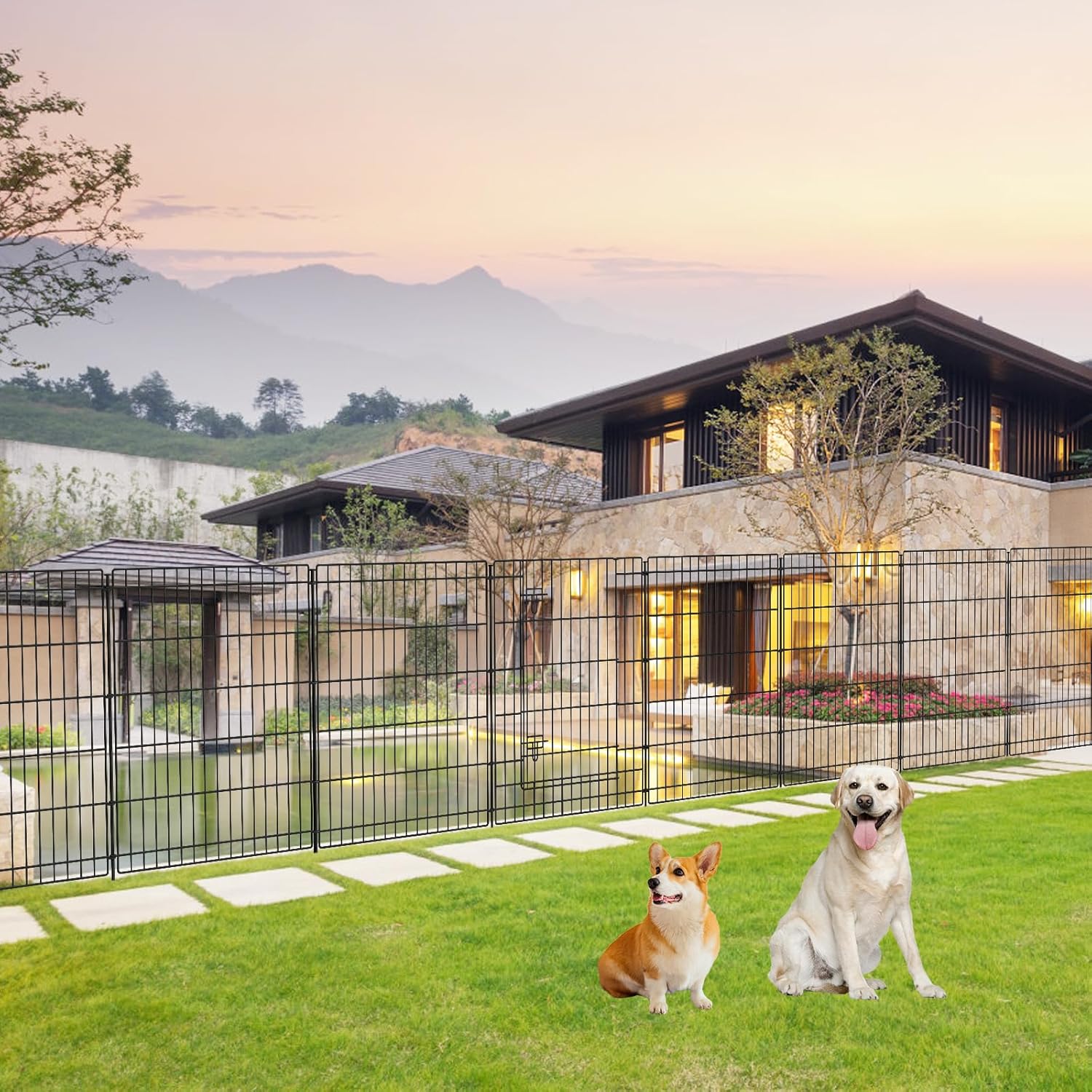 INJOPEXI Decorative Garden Fence 12 Panels 26ft (L)×36in (H) Garden Fences Outdoor with 11 Panels   1 Gate, Animal Barrier Rabbit Fencing Rustproof Metal Wire Temporary Dog Fence for Yard Lawn Park