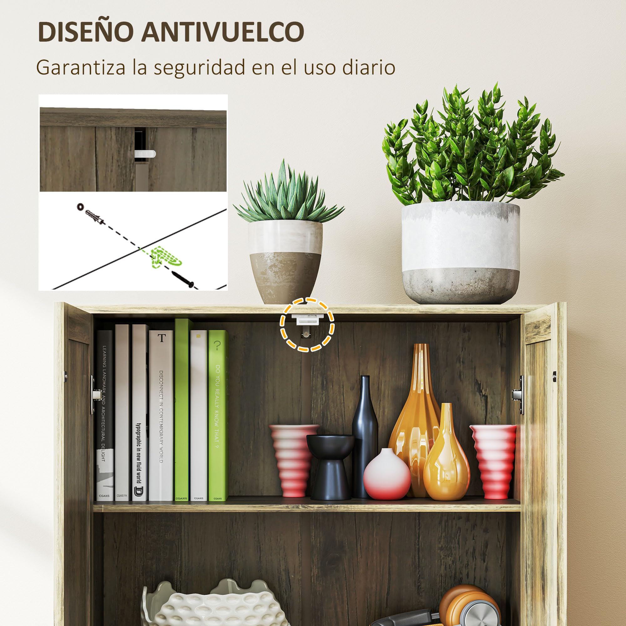 HOMCOM Alacena de Cocina Armario de Cocina Armario de Almacenaje con 2 Puertas y Estantes Ajustables para Comedor Salón 78x31,5x182 cm Marrón Grisáceo