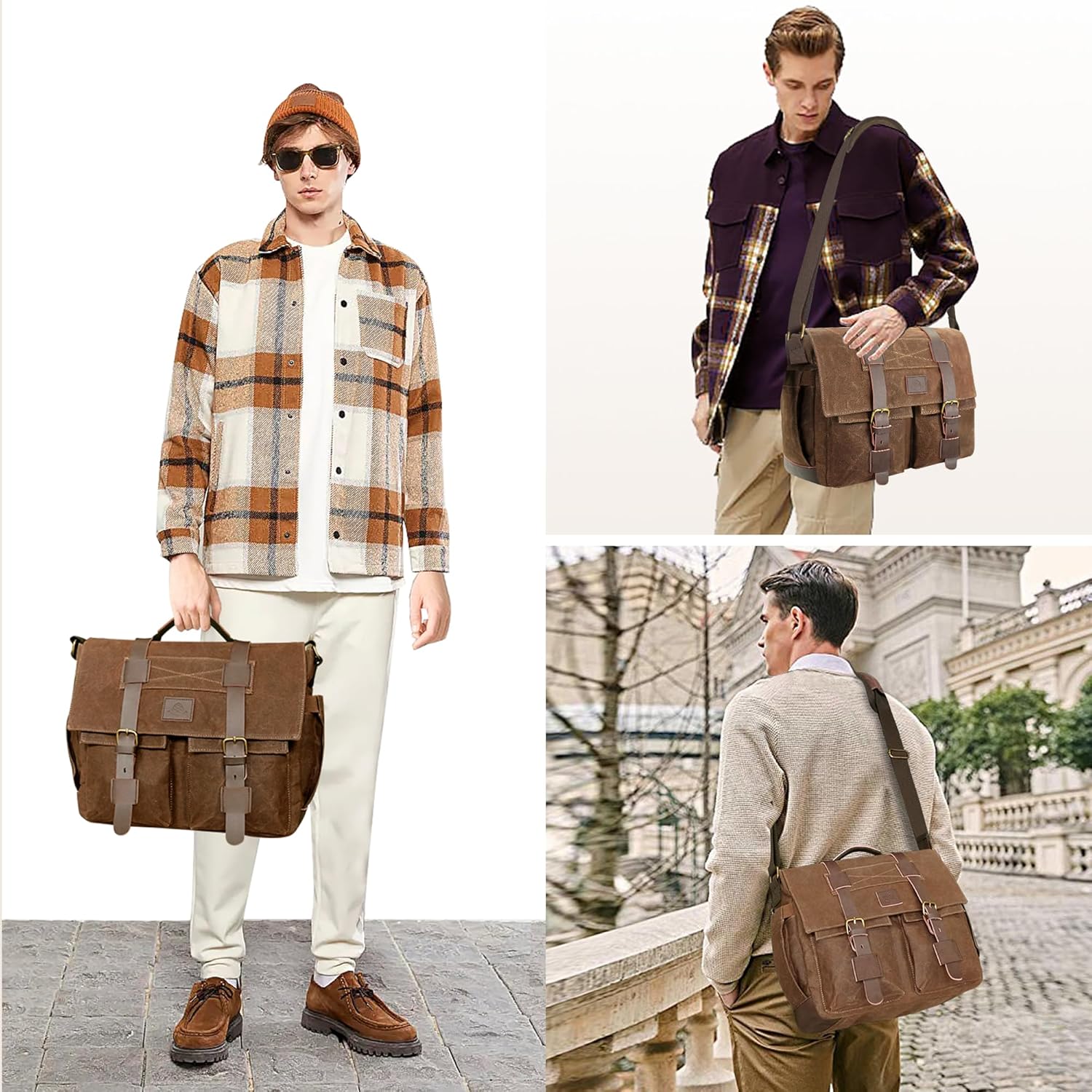 Messenger Bag for Men, 14-Inch Waterproof Laptop Bag, Waxed Canvas Satchel Bag for School, Vintage Rugged Shoulder Computer Bag, Crossbody Briefcase for Work Travel (Vintage Brown) - Image 2