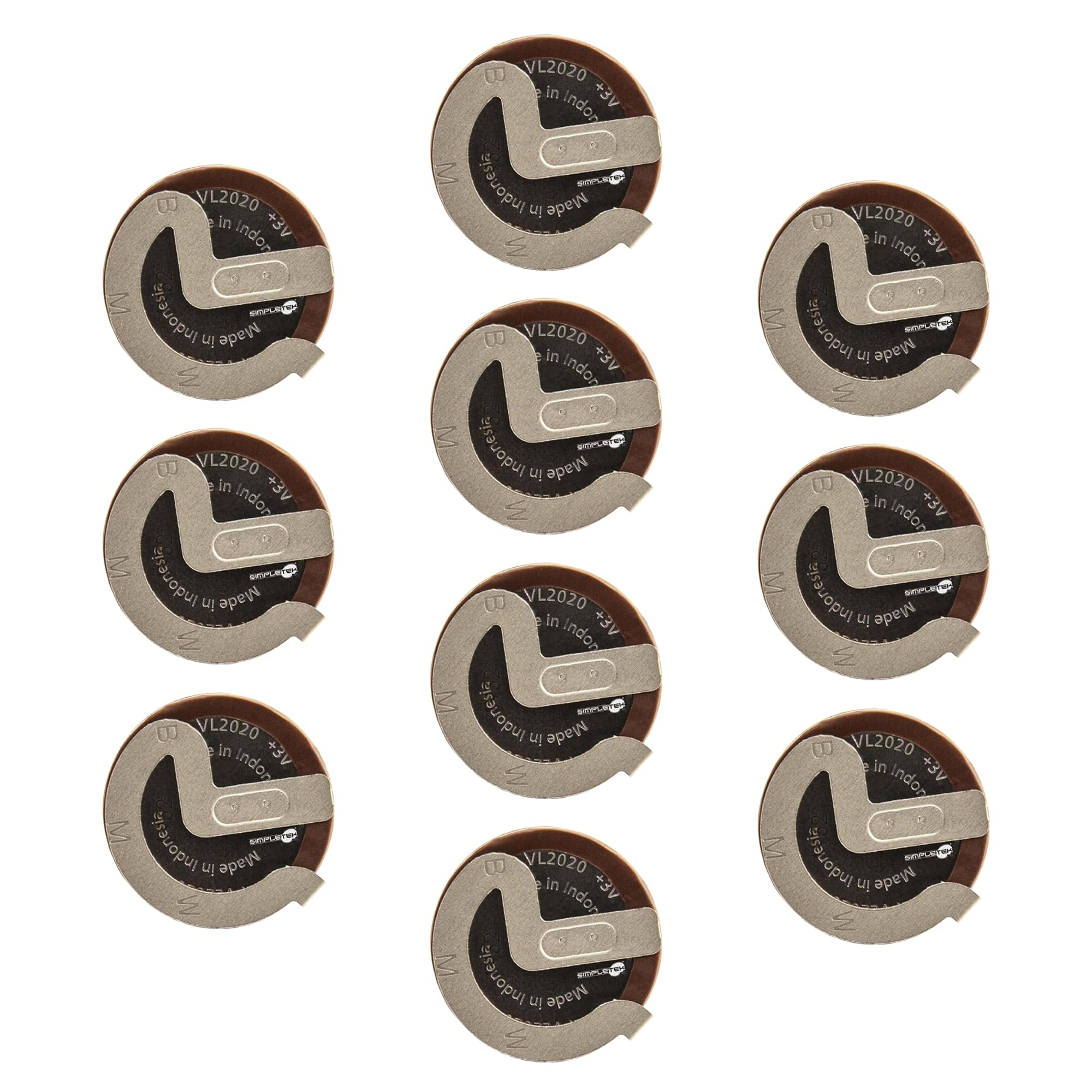 SIMPLETEK - 10x Batteria VL2020 a Bottone Ricaricabile 3V Pila con Connettori da Saldare 90° Contatti Angolati Compatibile con BMW E Compatibile con Ford Transit Telecomandi (10 pezzi)