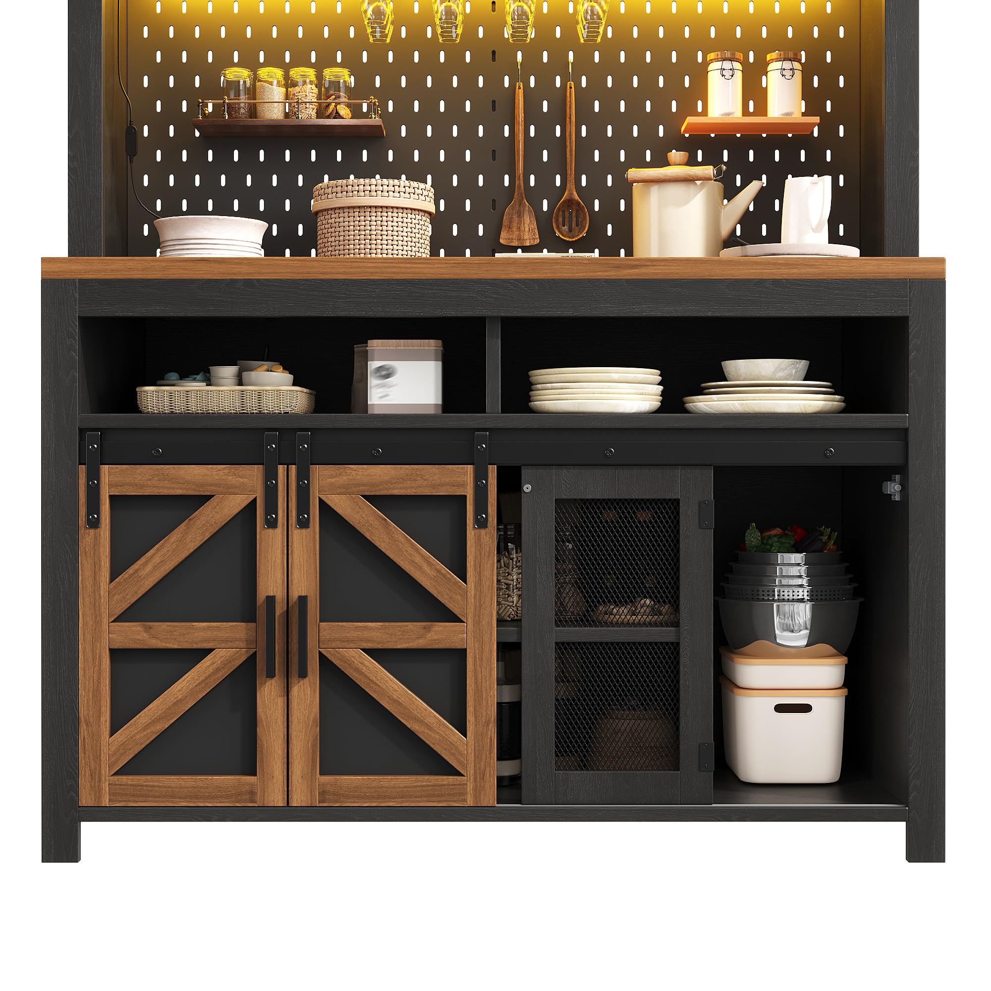 Buffet de Cuisine Haut 174,5 cm avec Plan de Travail, LED RGB, USB et Prise Intégrée, Panneau Perforé, Portes Coulissantes et Rangements Multifonctions, Noir-1