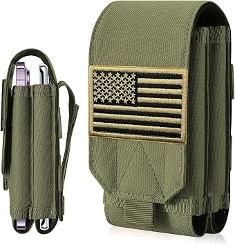 Tactical Molle Phone Pouch, EDC Gear Accessories, 600D Heavy Duty Nylon Dual Holder with US Flag Patch Fits 4-6.9 Inch Phones for Belt & Vest