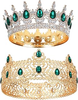 2 Pcs Prom King and Queen Crowns, Prom King Crowns for Men Royal Crown with Blue Rhinestone Queen Crowns for Women Round Crystal Gold Tiara Halloween Wedding Birthday Graduation (Classic Style)