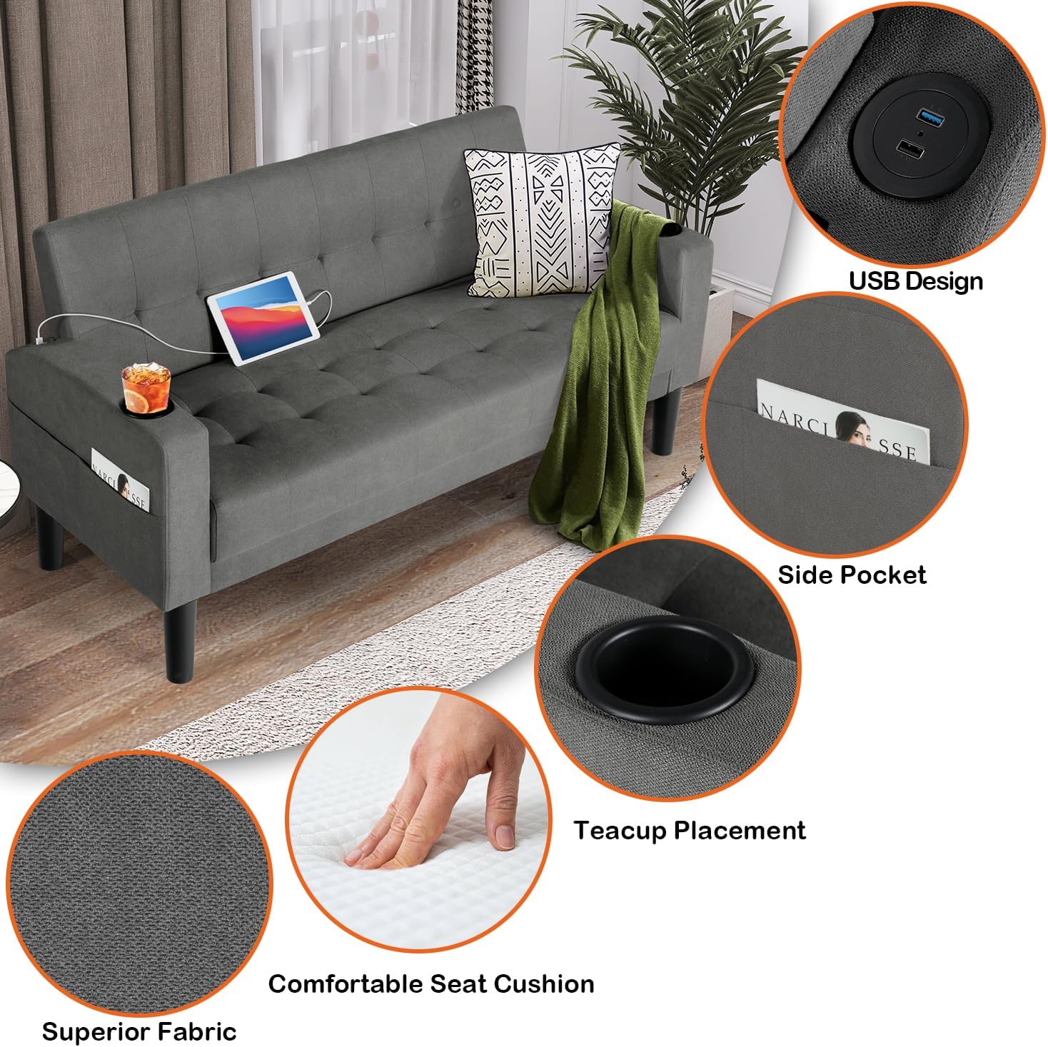 AILEEKISS 3 Piece Living Room Sofa Set Loveseat Sofas Sets with 2 USB,Cup Holders,Side Pocket,Modern Fabric 3 Pcs Sectional Couches Set for Apartment,Office,Bedroom (2-Seat+1-Seat+1-Seat, Dark Grey) 2-Seat+1-Seat+1-Seat Dark Grey image 6 of 7 B09SB5Y68W