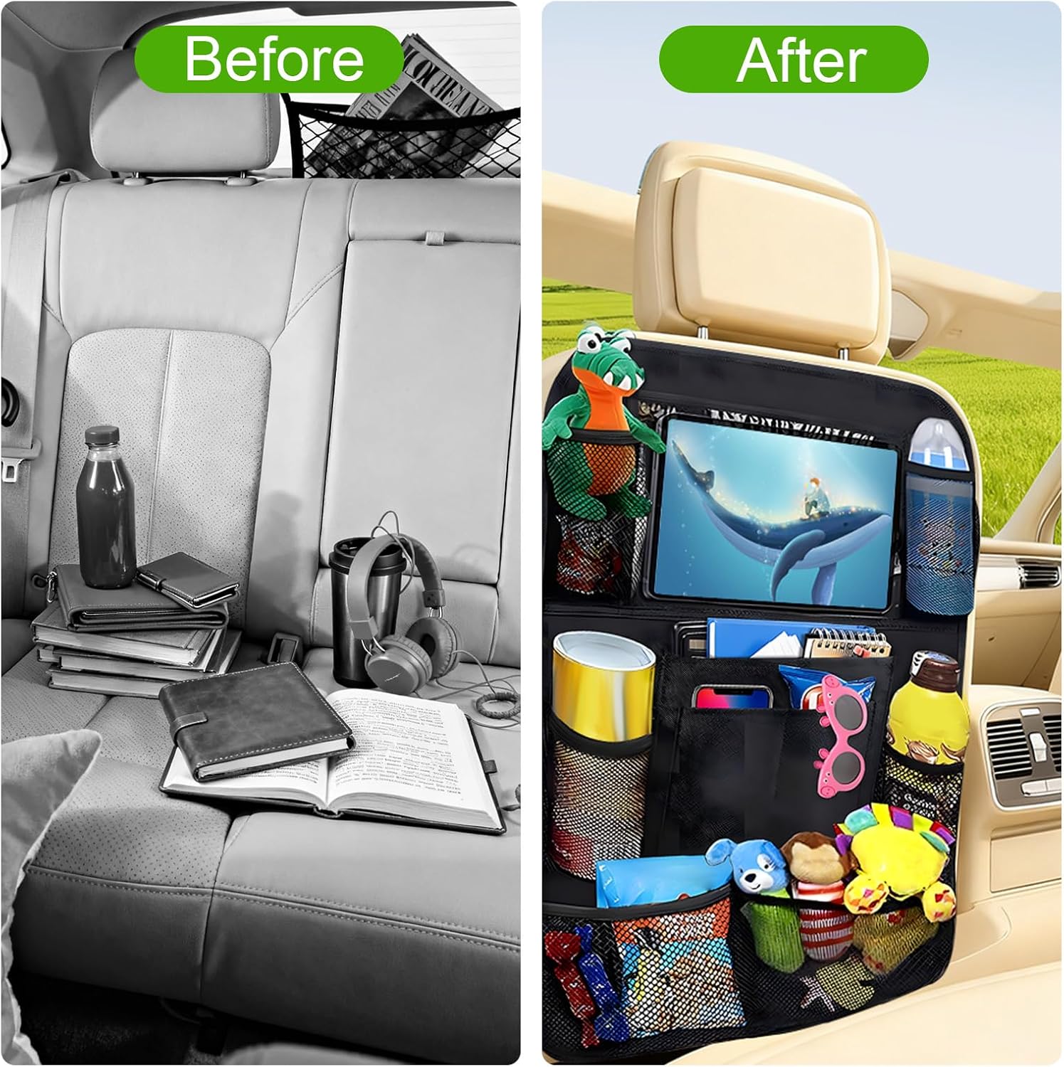 AiQInu Car Back Seat Organizer Waterproof with Lots of Storage Space for Kids, Glossy Black (1 Piece)
