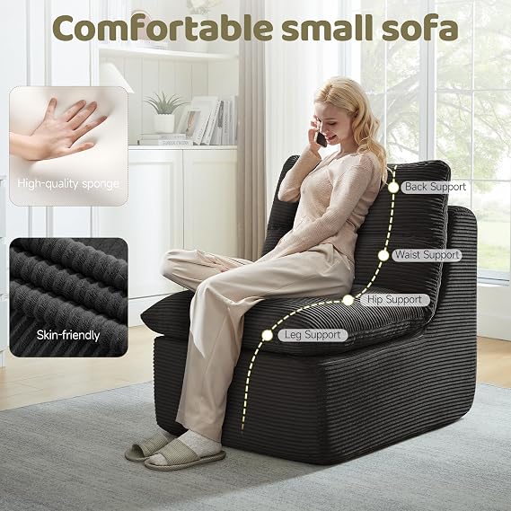 ROXGOX Boneless Chair Small Lounge Chairs for Adults, Memory Foam Single Sofa Bean Bag Chair for Living Room, Bedroom, Gaming Reading, No Assembly Required Black