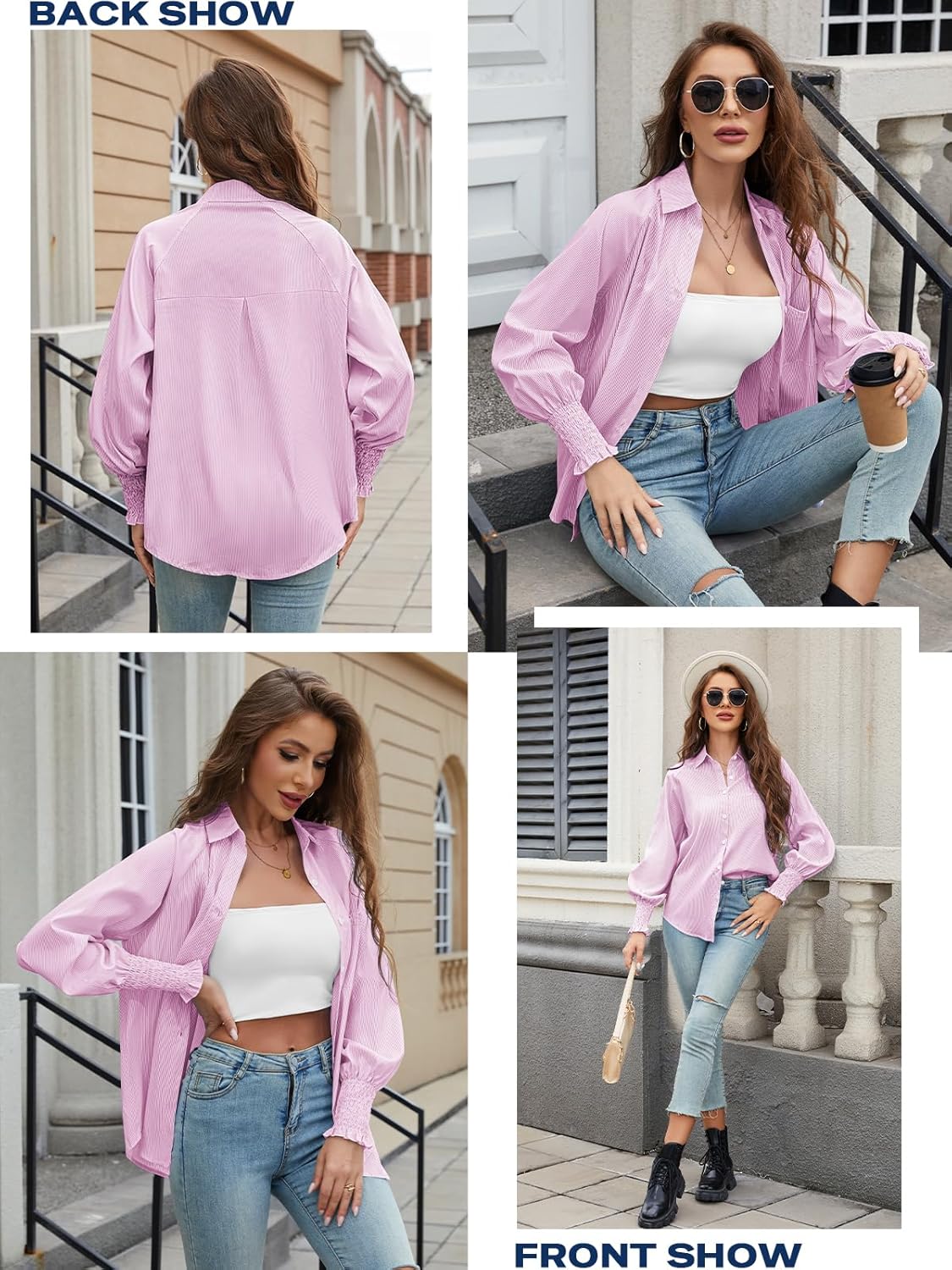 Womens Striped Button Down Shirts Smocked Cuffed Blouse Long Sleeve Casual Collar Oversized Shirt Tops with Pocket - Image 5