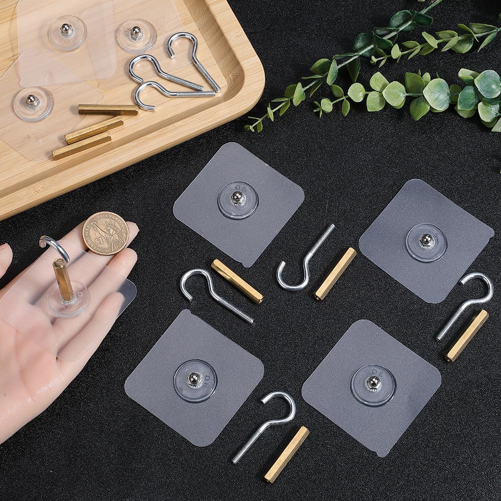 GORGECRAFT 10 Sets Ceiling Adhesive Hooks 11Ib(Max) Plastic Platinum No Drill Wall Mount Utility Open Hook Hangers with Iron Screw Brass Column for Hanging Key Coat Lantern Chandelier Light Wind Chime