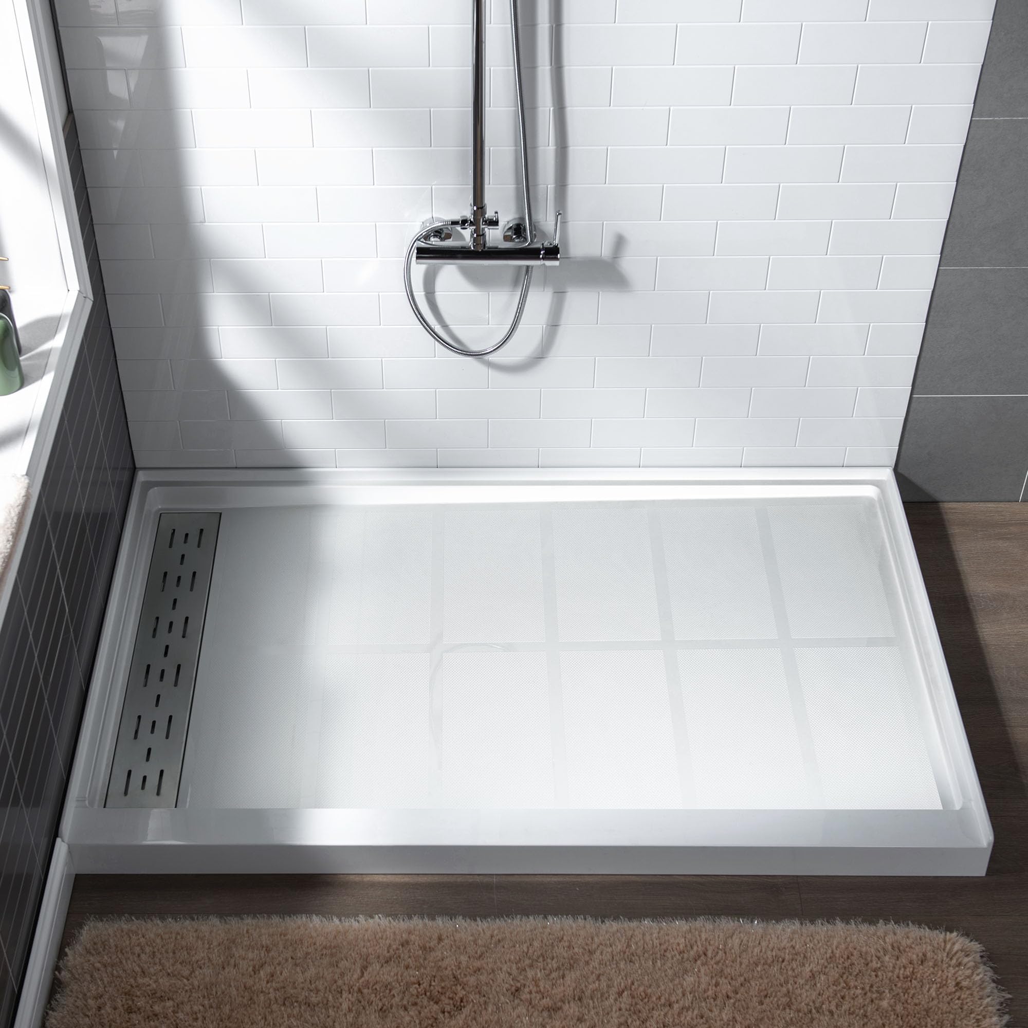 - WOODBRIDGE 60"L x 32"W x 4"H Shower Base,Left Drain,Non-Slip Single Threshold Shower Pan, Solid Surface with Brushed Nickel Linear Drain Cover