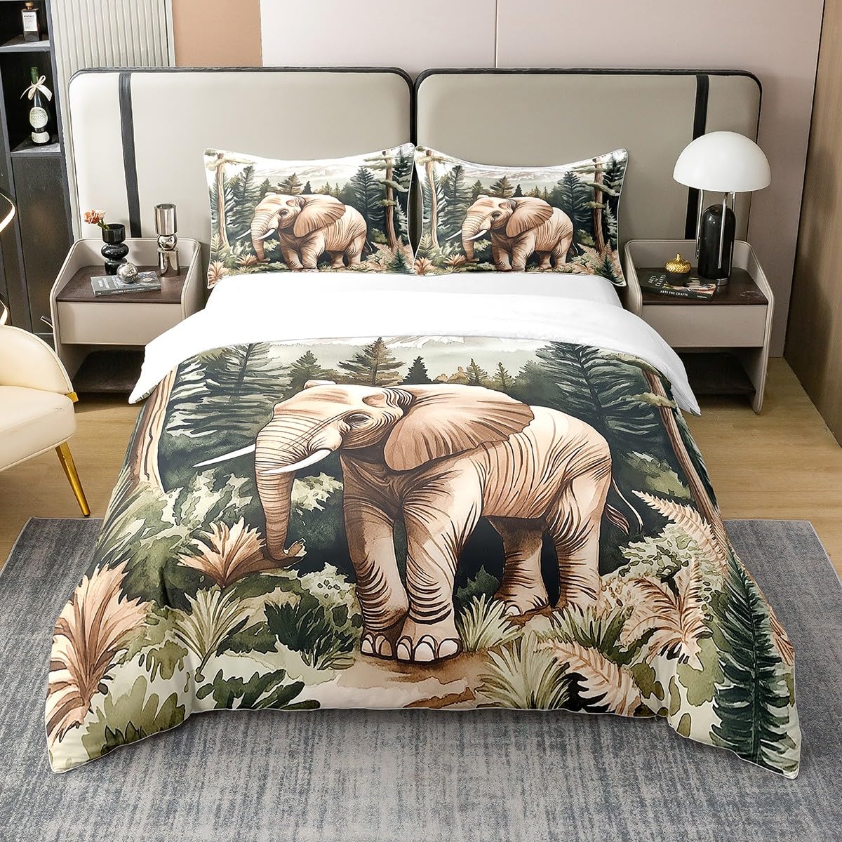 100% Cotton Wild Elephant Duvet Cover Super King Size for Kids Boys Teens,Retro Jungle Animal 3 Pcs Duvet Cover,Watercolor Wild Trees Comforter Cover (Not Comforter),Safari Animal Quilt Cover