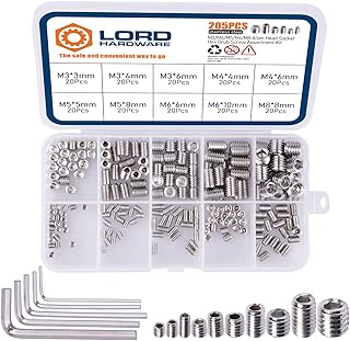 200PCS Hex Set Screws Allen Head Socket Grub Screw Assortment Kit Metric M3 M4 M5 M6 M8 with Internal Hex Drive, Stainless Steel