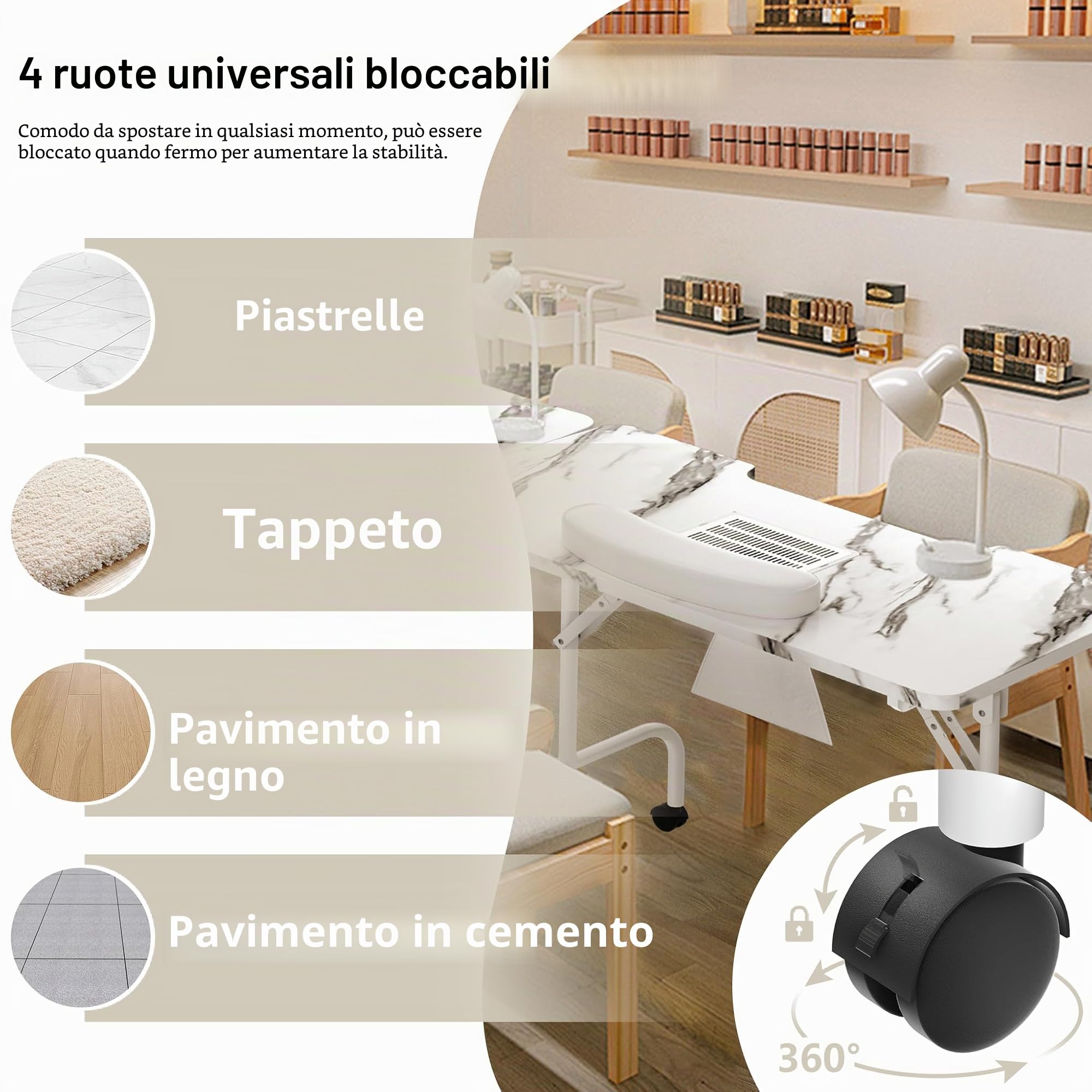 Tavolo da manicure FIVMEN con aspirazione Pieghevole Tavolo per manicure Tavolo per manicure per studio di unghie con aspirazione della polvere e 4 ruote per saloni di bellezza, bianco