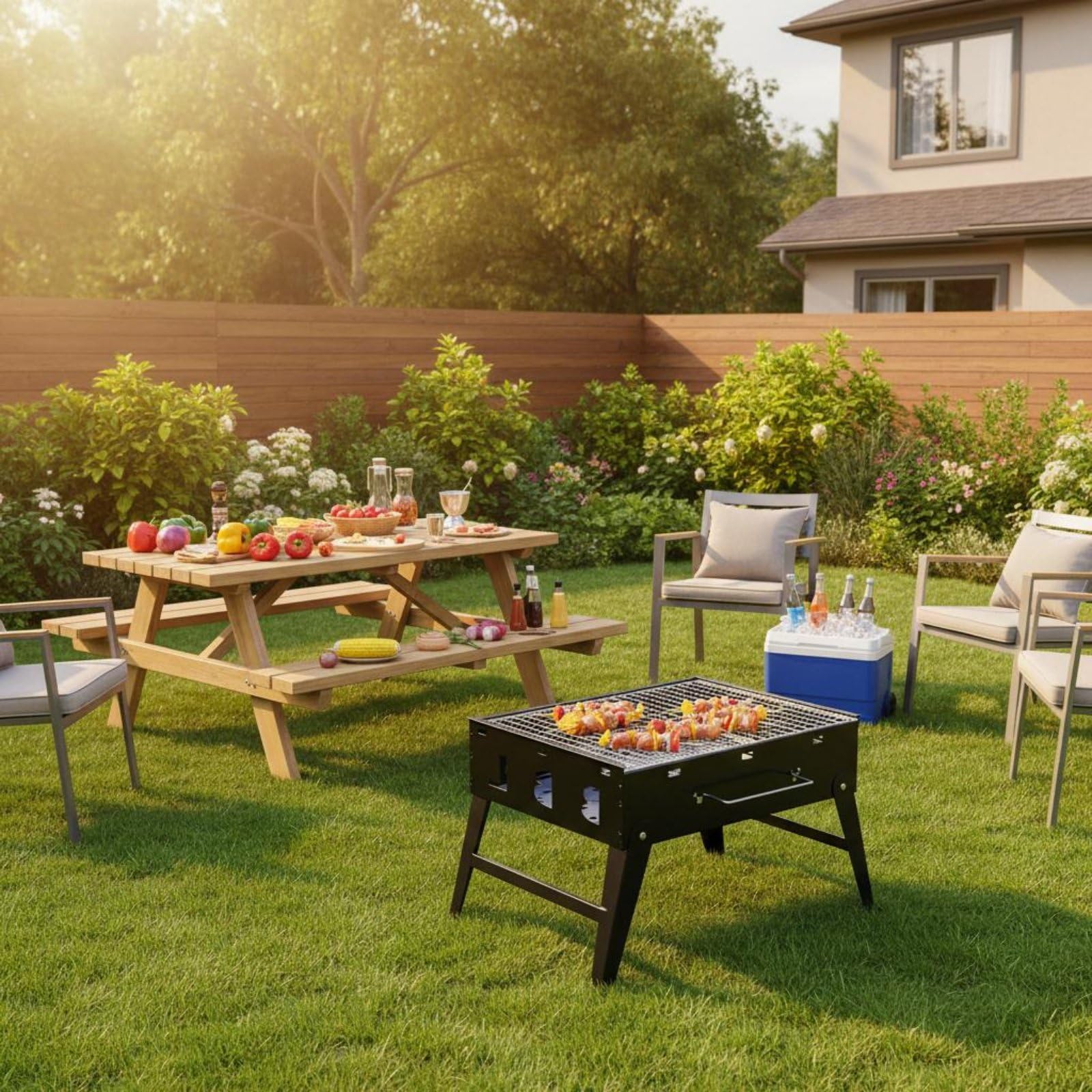 Griglia a Carbone Portatile Graticola Pieghevole Braciere Acciaio Griglia Barbecue da Tavolo Struttura Valigetta Manico Integrato Montaggio Semplice