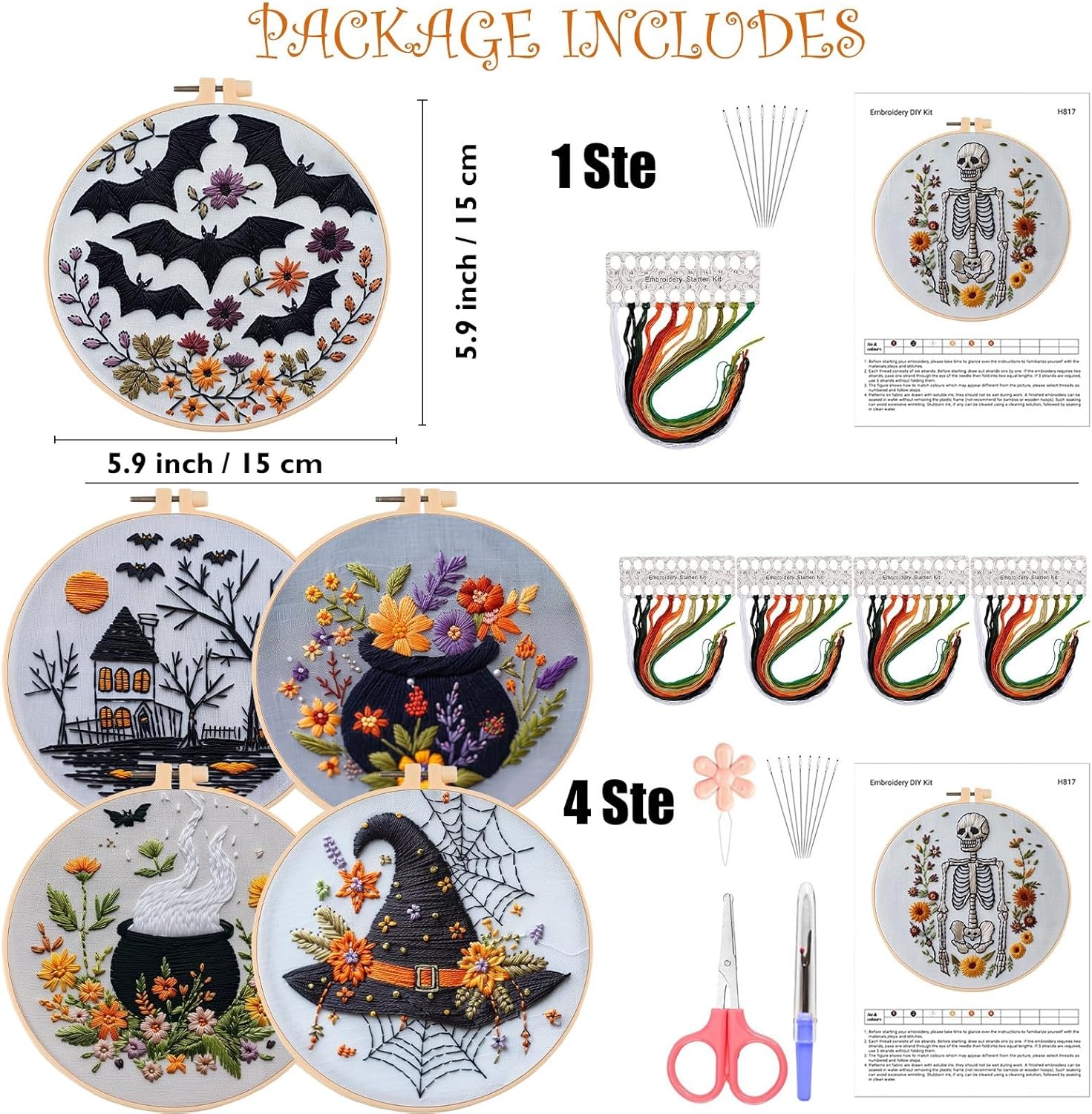 4 Set Halloween Embroidery Kit, Stamped Cross Stitch Kit Needlepoint Kit, Gothic Halloween Embroidery Starter Kit for Beginners Adults, DIY Adult Cross Stitch Kits with Needles and Thread Included