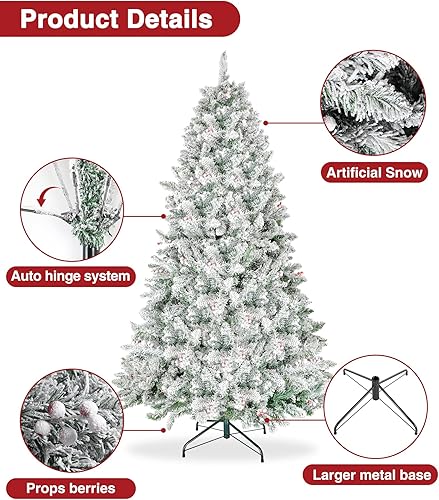 Miniatura 6 de BROVIEW Árbol de Navidad flocado de 6.5 pies, árboles de Navidad artificiales predecorados con 1100 puntas de rama, 58 bayas, soporte plegable de