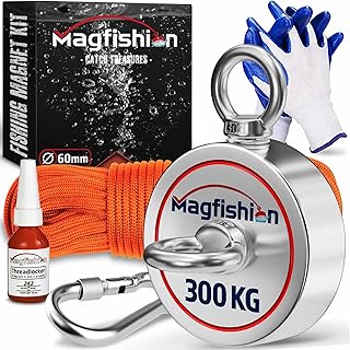 Magfishion Magnet Fishing Kit - 300 KG (700lb) - Ø60mm - Super Strong Neodymium Magnet with Rope (20M), Carabiner, Gloves, Threadlocker - Magnetic Powerful Magnets