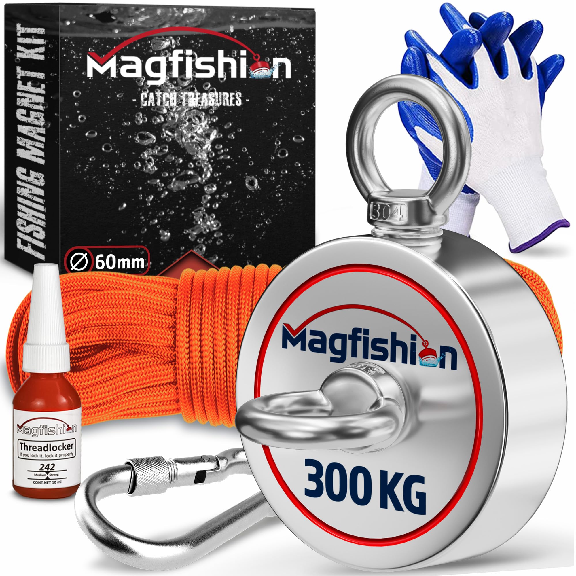 MAGFISHION Calamita Potente - Set di Magnete da Pesca - Forza di Trazione 300KG (2x 150kg) - Ø60mm - Magneti al Neodimio - Calamite Potenti con Corda (20M) & Guanti - Magnet Fishing
