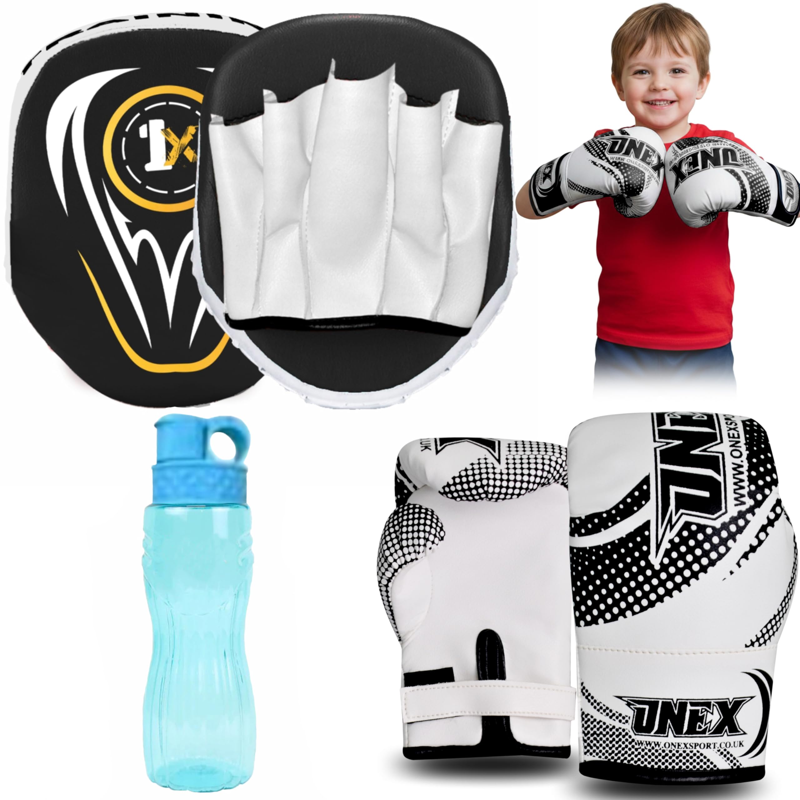 ONEX Boxing Gloves and Pads Kids Boxing Set for Kickboxing & MMA Muay Thai Punching Glove Flat Boxing Pads With Water Bottle Martial Arts Training for Kids and Junior (BLACK, 2oz)