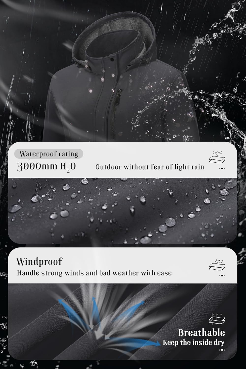 Pursky Women's Softshell Jacket Lightweight Fleece Lined Rain Jacket Waterproof Warm Windbreaker Coat With Removable Hood - Image 4