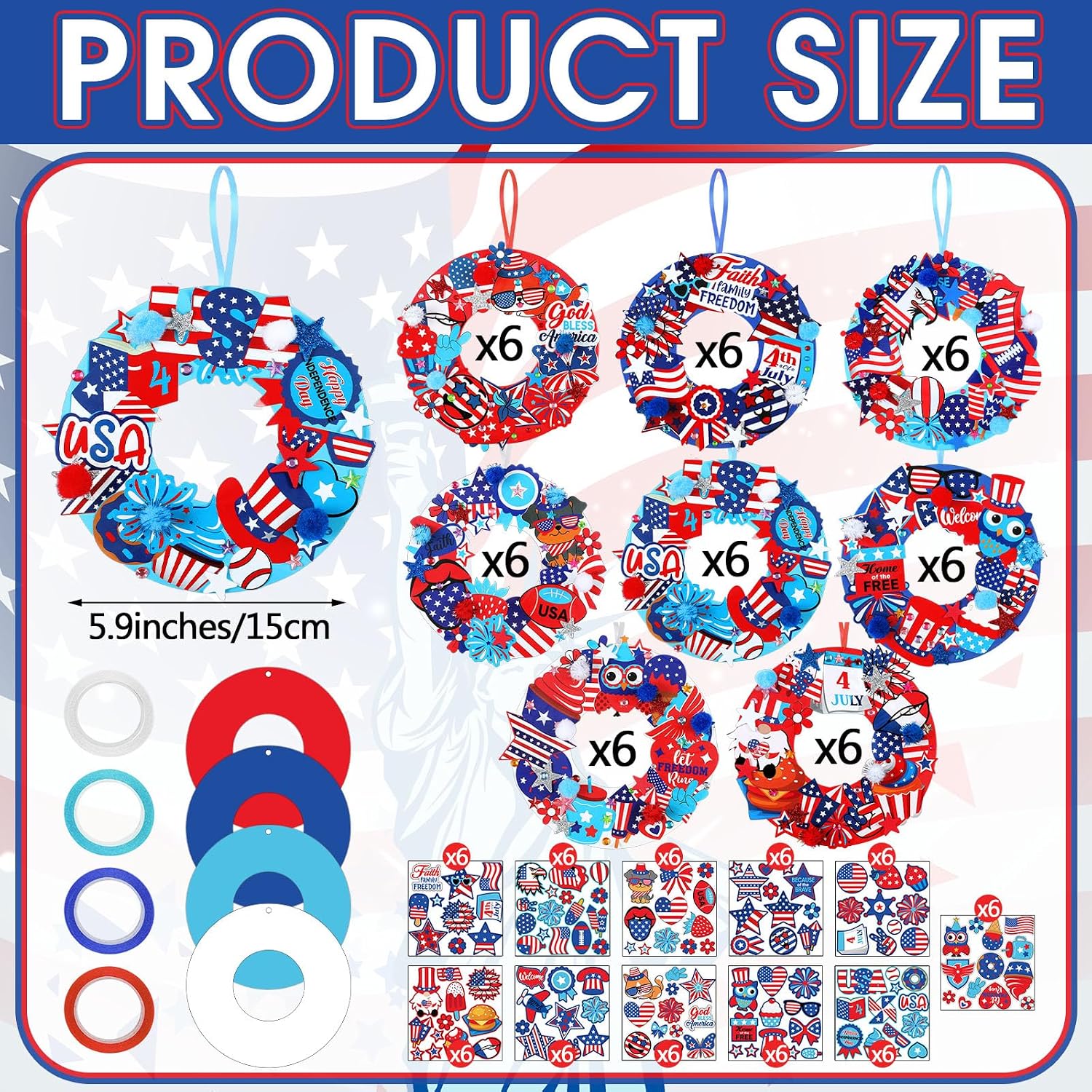 Hollowfly 48 Sets Patriotic Wreath Craft Kit DIY 4th of July Paper Crafts American Craft DIY Wreath Hanging Ornaments Decor for 250th Anniversary Memorial Independence Day Art Activity Home Supplies