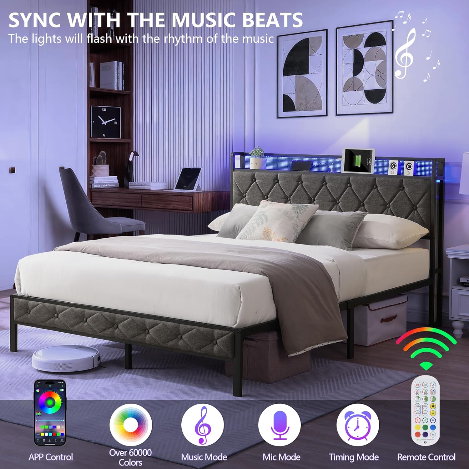 Full Size Metal Platform Bed Frame with Storage Headboard, Full Size Mattress Foundation with USB Ports and LED Lights, No Box Spring Needed, Noise Free Non-Slip (Full)