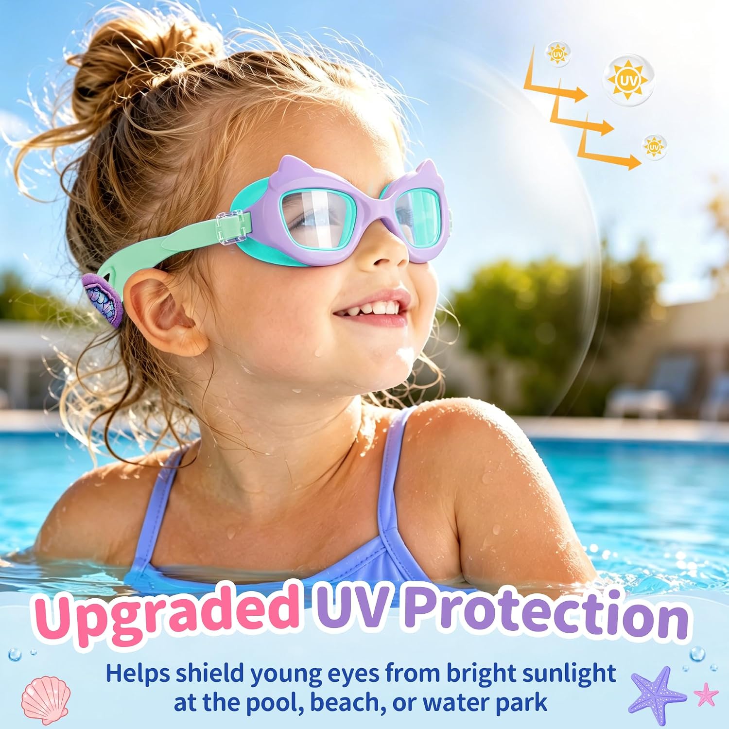 Vvinca Toddler Goggles Age 2-8, Cat Kids Goggles with Fabric Strap Anti Fog | 2 Pack Cute Cat Design Toddler Boys Girls Goggles UV Protection No Leak No Hair Pull for Pool Swim Lessons Kids Swim Goggles