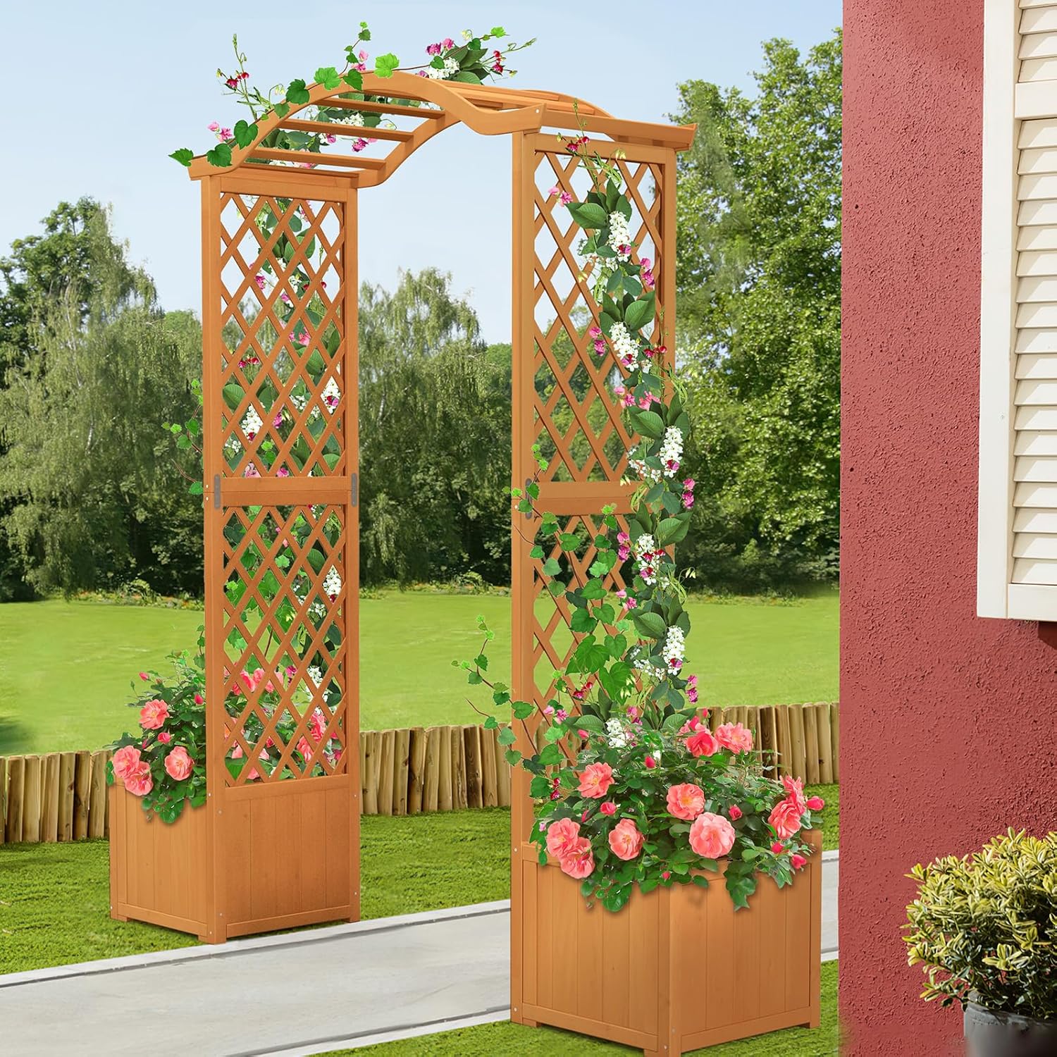 Moccha Wooden Garden Arbor with Planter - Outdoor Arbor Trellis for Climbing Plants, Roses, Vines, Outside Pergola Planter, Garden Arch for Lawn Backyard Wedding Ceremony Bridal Party (Natural)