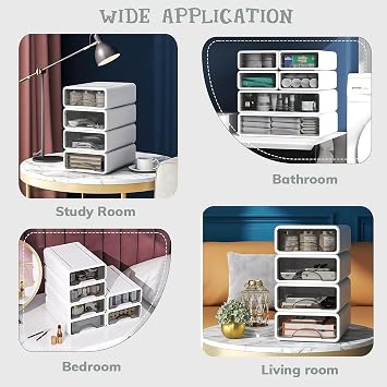 4 Tier Desk Organiser Drawers, Stackable White Desktop Drawers Storage, Plastic Make up Desk Storage Box with 5 Drawers for Home Collection, Makeup, Office Supplies
