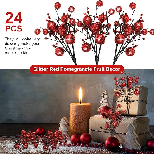 Miniatura 4 de Geosar 24 tallos de bayas con purpurina de Navidad de 10 pulgadas, adornos de bayas artificiales con purpurina, tallos florales para árbol de