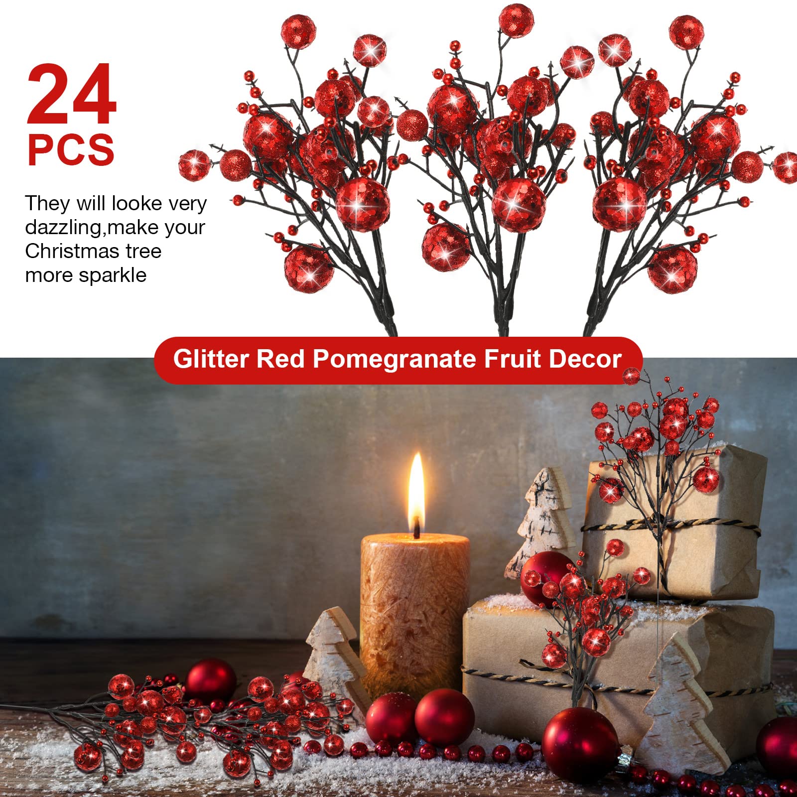 Geosar 24 Stück Weihnachten Glitzernde Beeren Zweige Weihnachten Beeren Picks Künstliche Glitzernde Beeren Ornamente Blumenstiele für Weihnachtsbaum, Haus Kranz, Party Dekoration (Rot)