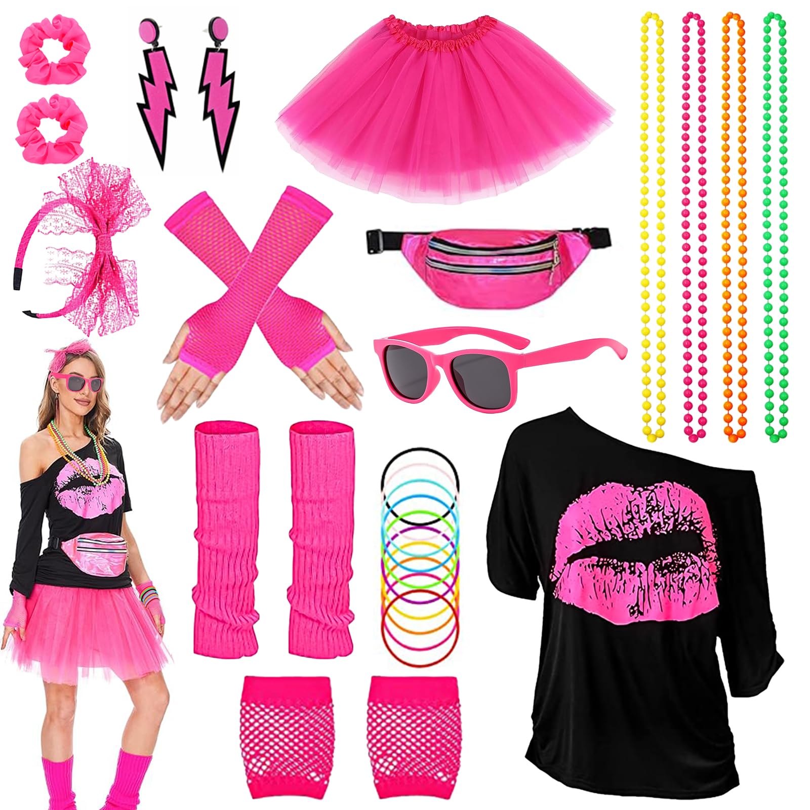 Disfraz Años 80, Talla única, Ropa Años 80 Disfraz con Camiseta, Tutús, Gafas, Calentadores de Pierna, Diadema, Pendientes, collares, Guantes Rejilla Mujer, Disfraz Años 80 Mujer para Mujeres y Niñas